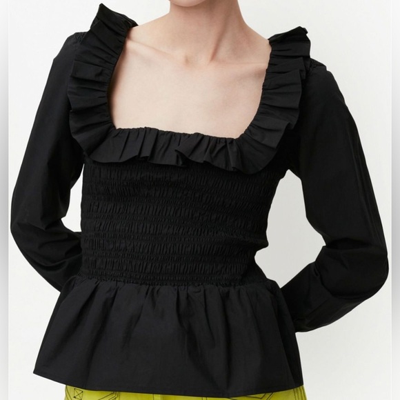 GANNI Black Ruffle cotton poplin smocking Blouse peplum square open neck size 34 - Picture 4 of 7